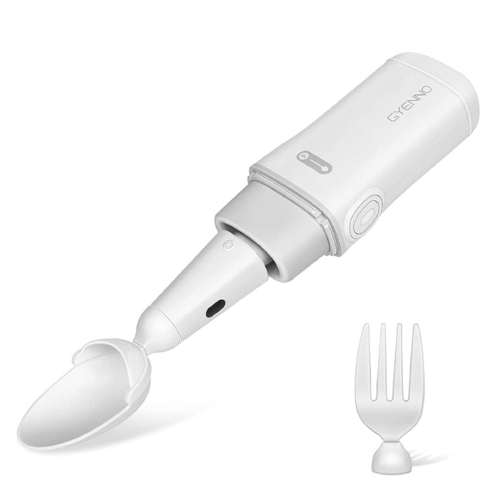 White Gyenno handle with a swivel spoon attached and a detachable fork head shown beside it on a white background